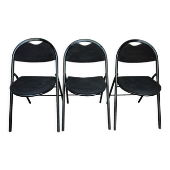 3 chaises pliantes bergeraul samba vintage noir métal tissus