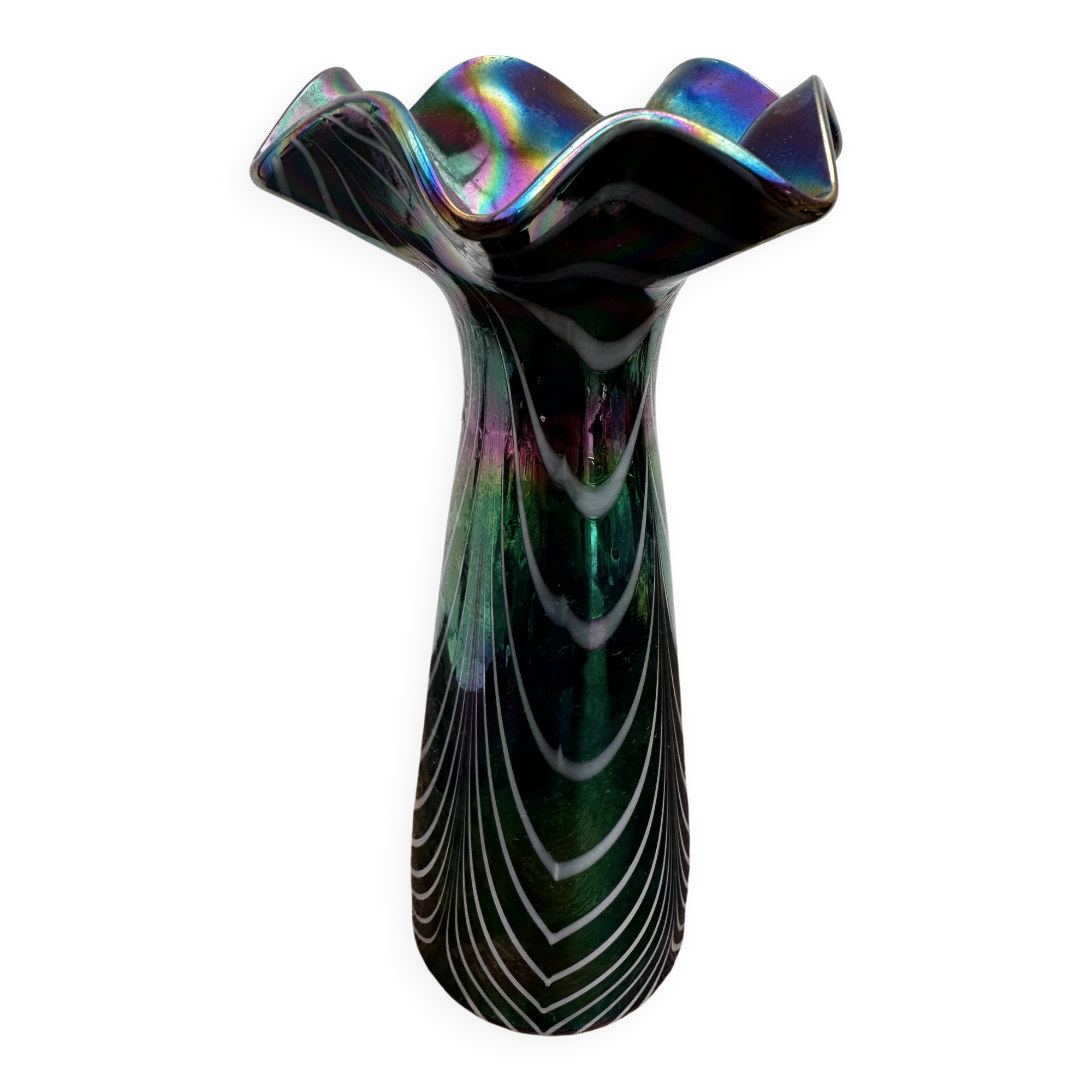 Vintage iridescent glass vase with ribbed design and ruffled neck, H 21 cm.