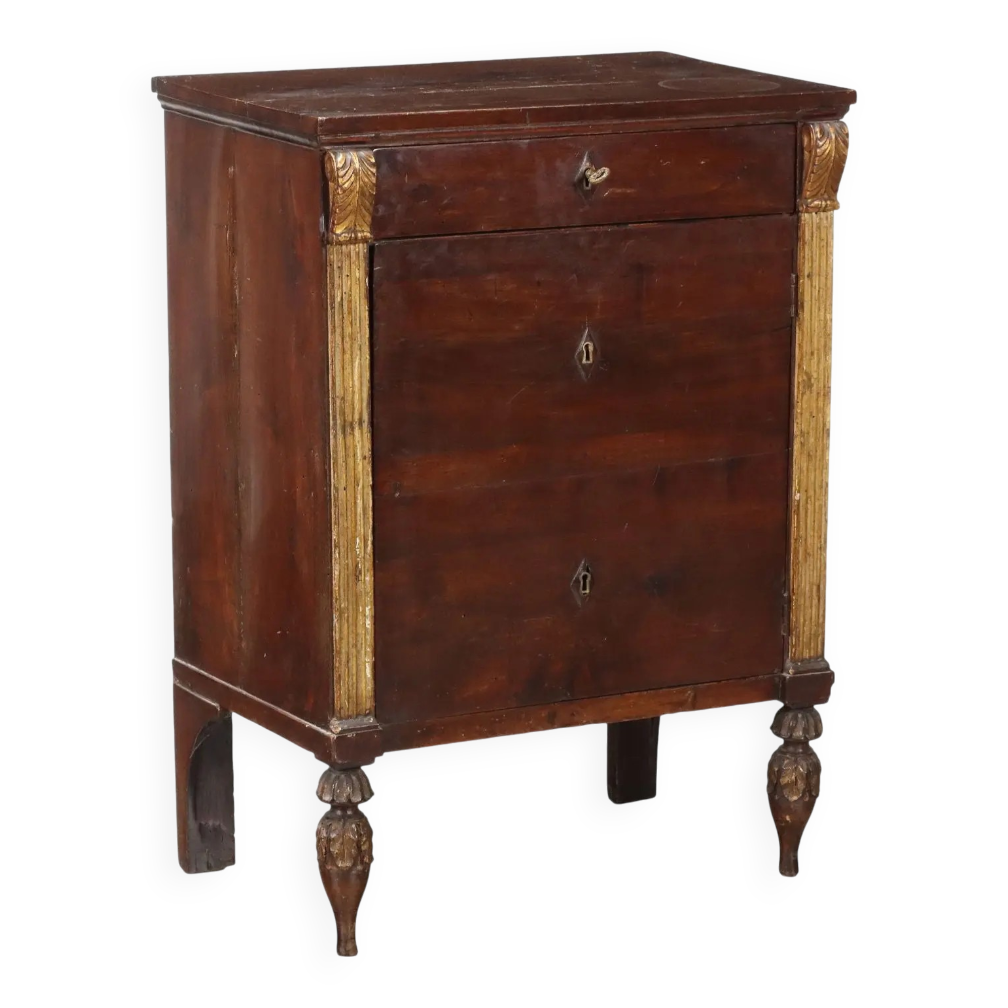 Empire bedside table in walnut with drawer, Italy, 19th century.