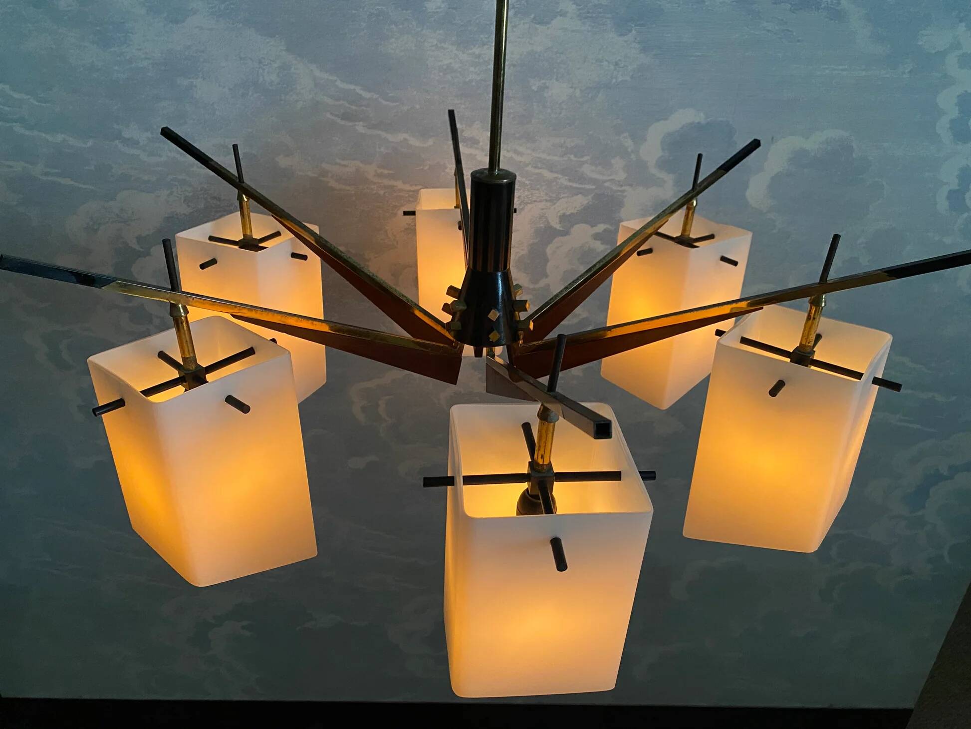 Six-armed chandelier with frosted glass lampshade, Stilux, Italy, 1960s.