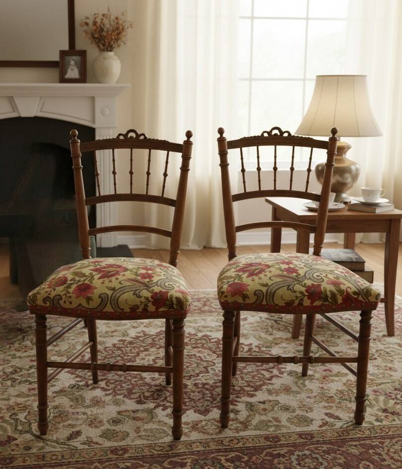 Two floral upholstered music chairs from the early 20th century.