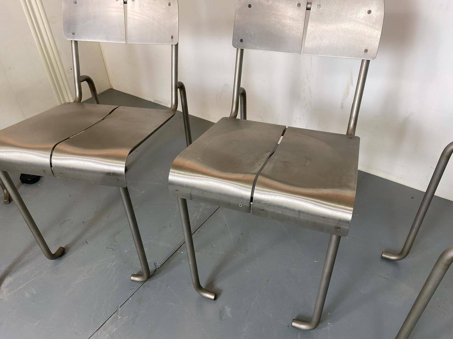 Memphis Architectural Stainless Steel French Dining Chairs, 1980s Set of 4