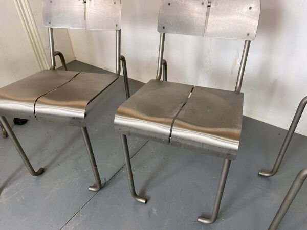 Chaises de salle à manger françaises Memphis Architectural en acier inoxydable, lot de 4, années 1980