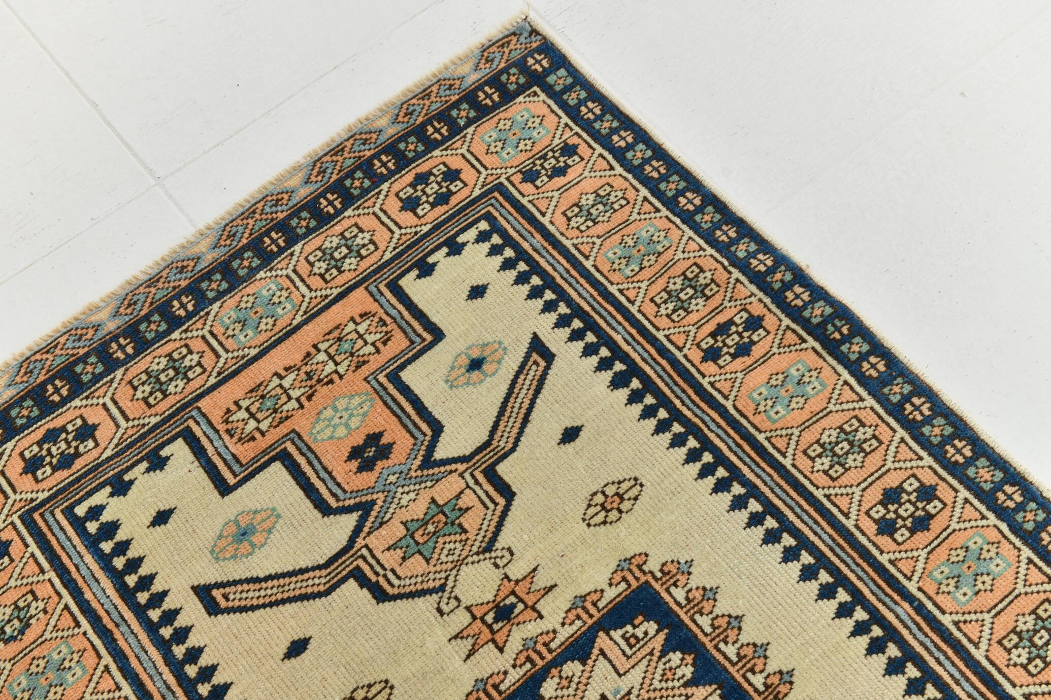 2x11 shades of cream blue oushak runner rug