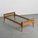 Wooden bench with midnight blue fabric, France, circa 1955