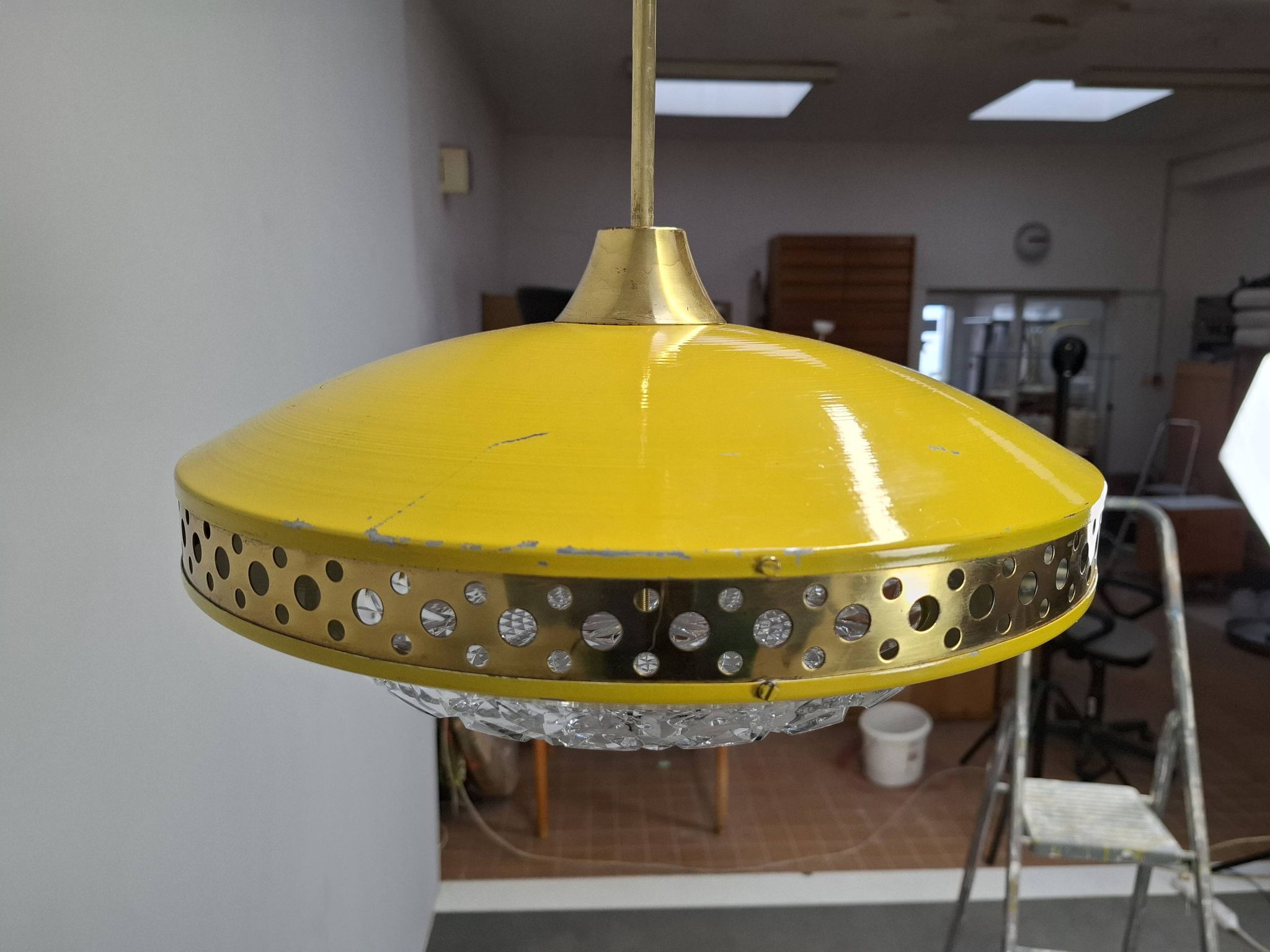 1970s Ludib Mid-Century Pendant Lamp in Yellow Metal, Brass and Glass