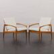 Pair of Kai Kristiansen Paperknife lounge chairs in teak and natural wool