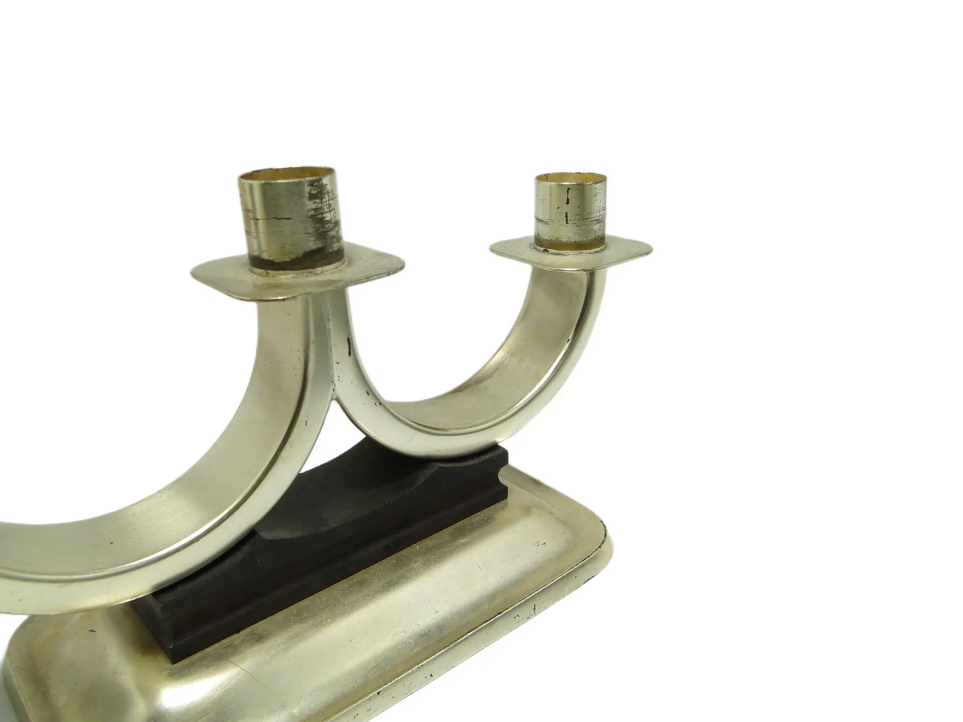 Three-armed candelabrum, Art Deco, silver-plated brass, Quist, Germany, 1950s.