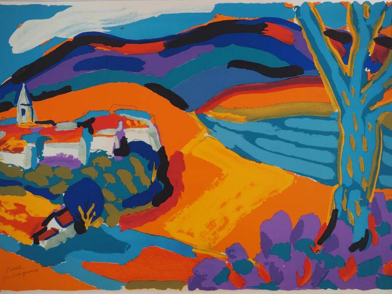 Pierre Ambrogiani: Village on the Hill, Original Signed Lithograph