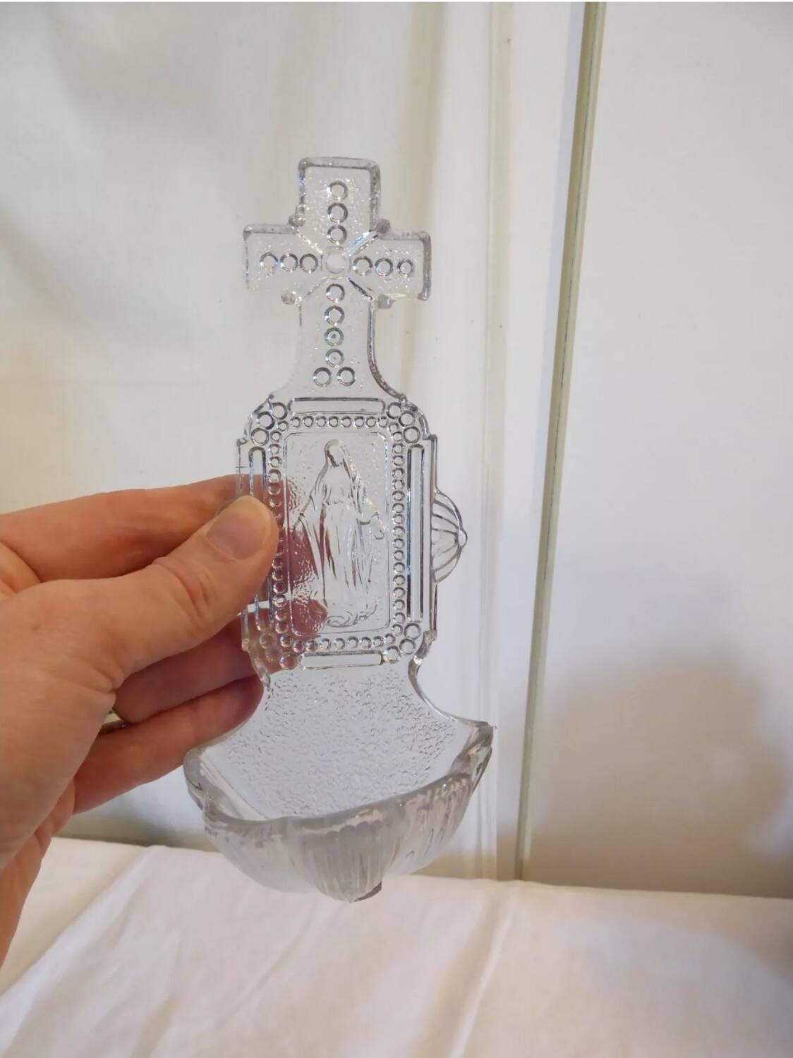 Virgin Mary molded glass stoup