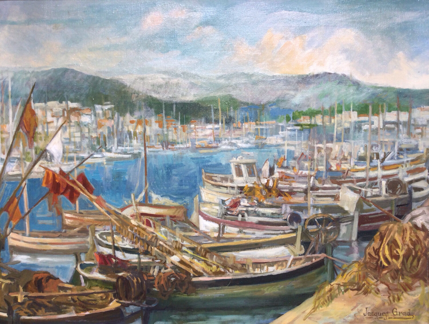 Small port. oil on canvas by jacques grad 1920-2008.
