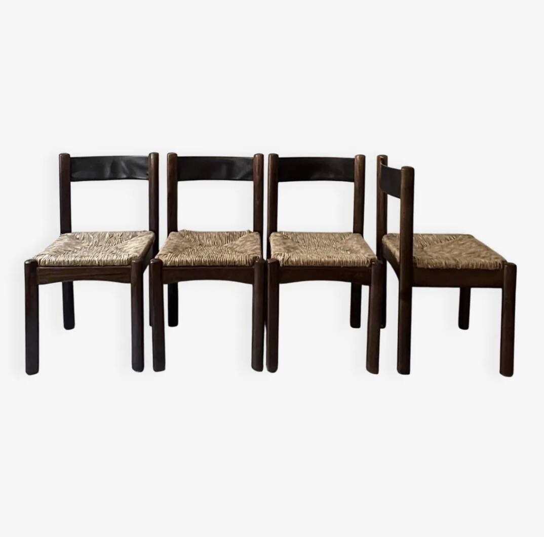 Lot of 4 modernist chairs in solid wood, leather and straw, Italy 1970.