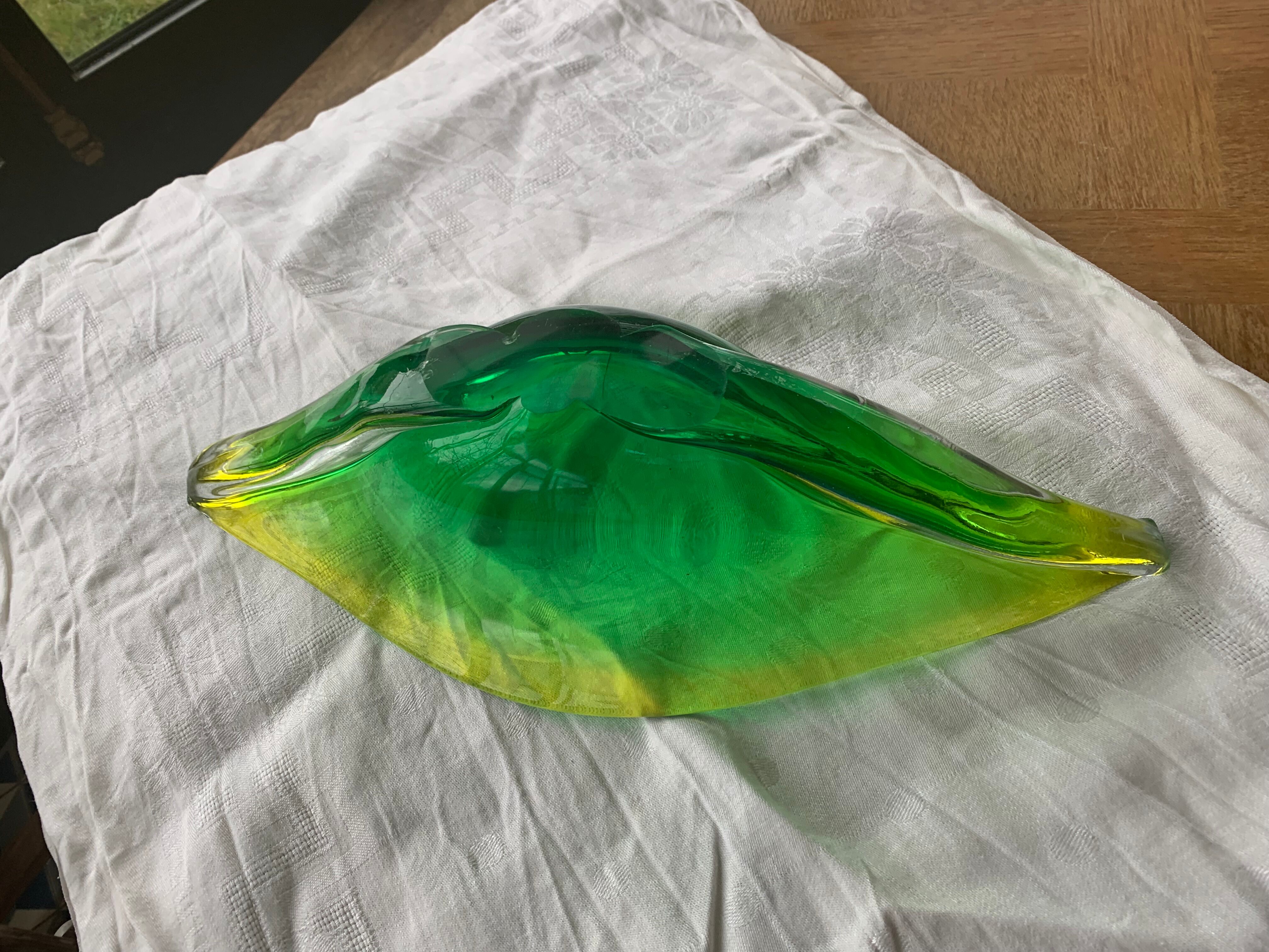 Glass fruit cup in the shape of a vintage yellow green vegetable leaf