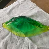 Coupe à fruits en verre en forme de feuille végétal jaune vert vintage