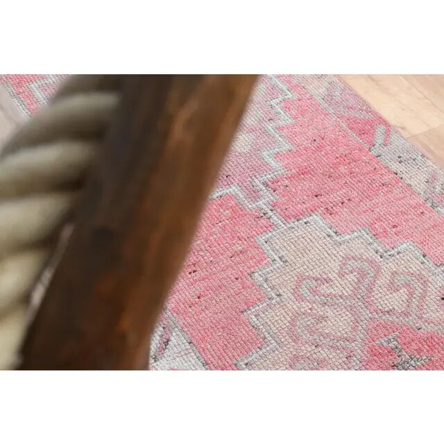 1970s Vintage Turkish Oushak Handmade Wool Cotton Pink Runner Rug 93x327