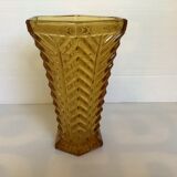 Old yellow molded glass vase chevron pattern
