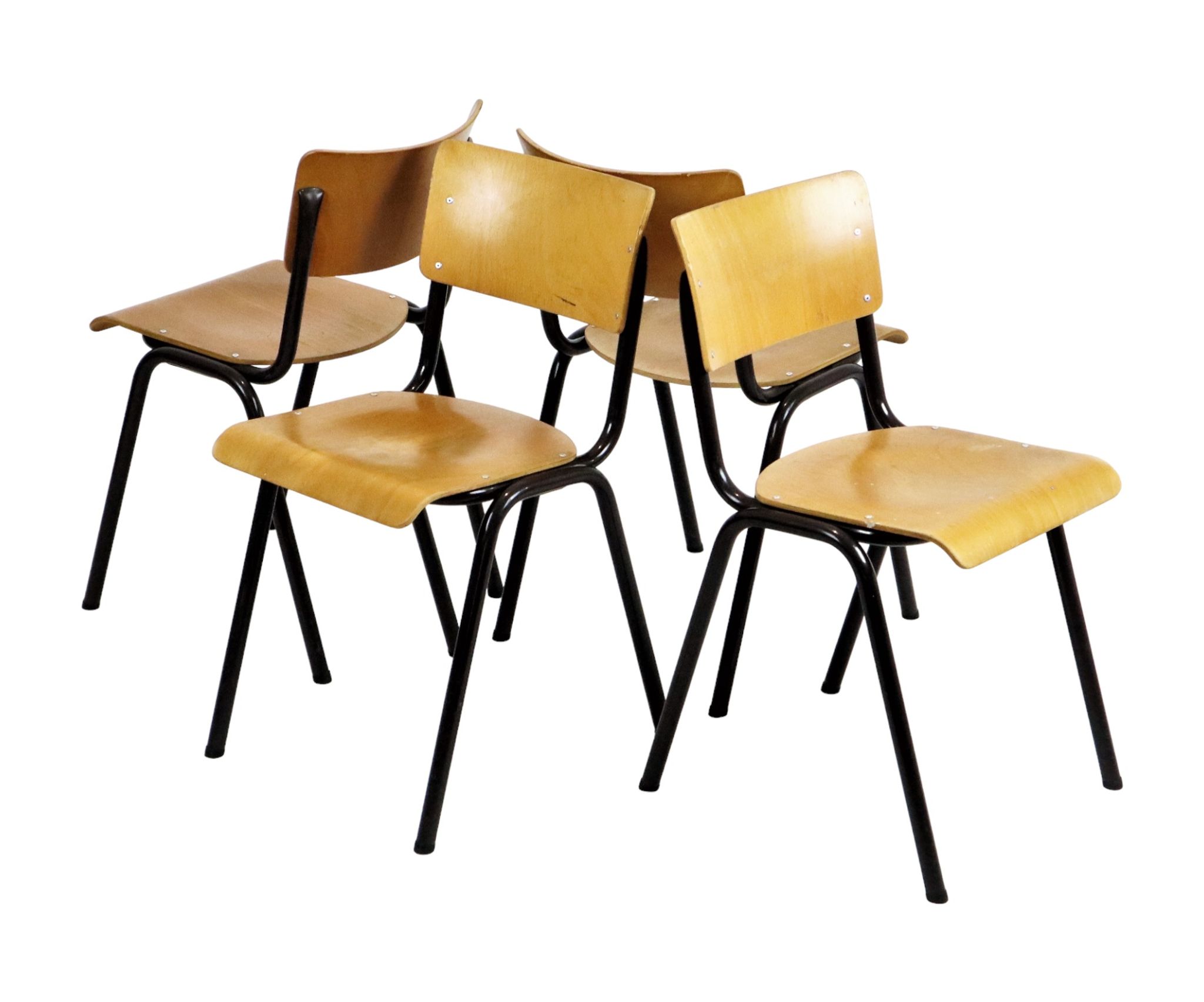 Vintage School Canteen Chairs 1970s Wood and Metal Set of 4