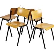 Vintage School Canteen Chairs 1970s Wood and Metal Set of 4
