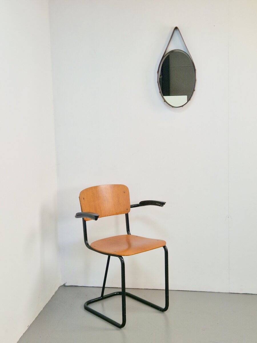 Florentine Oval Leather Mirror in Brass by Jacques Adnet, 1960s