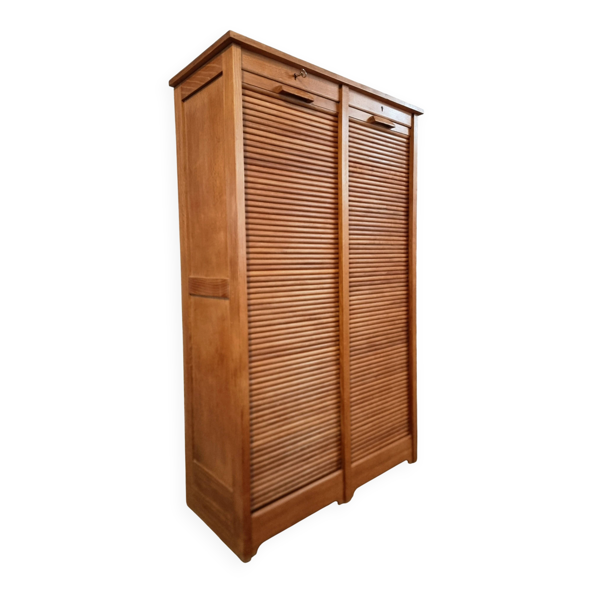 Armoire à rideaux vintage en chêne français – années 1960 – rangement de bureau avec étagères réglables