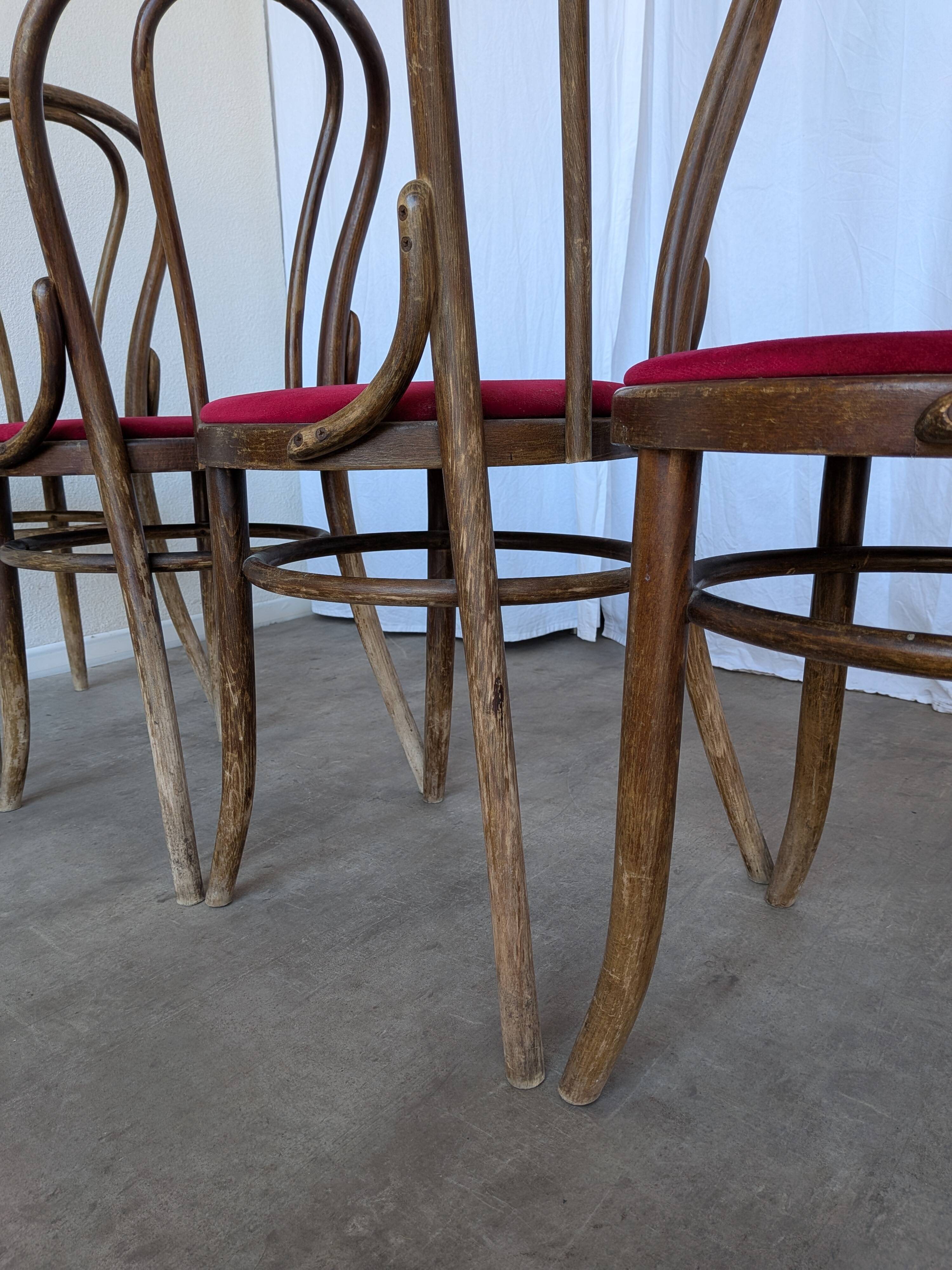 Set of 8 Vintage Bentwood Bistro Chairs: Red Upholstery
