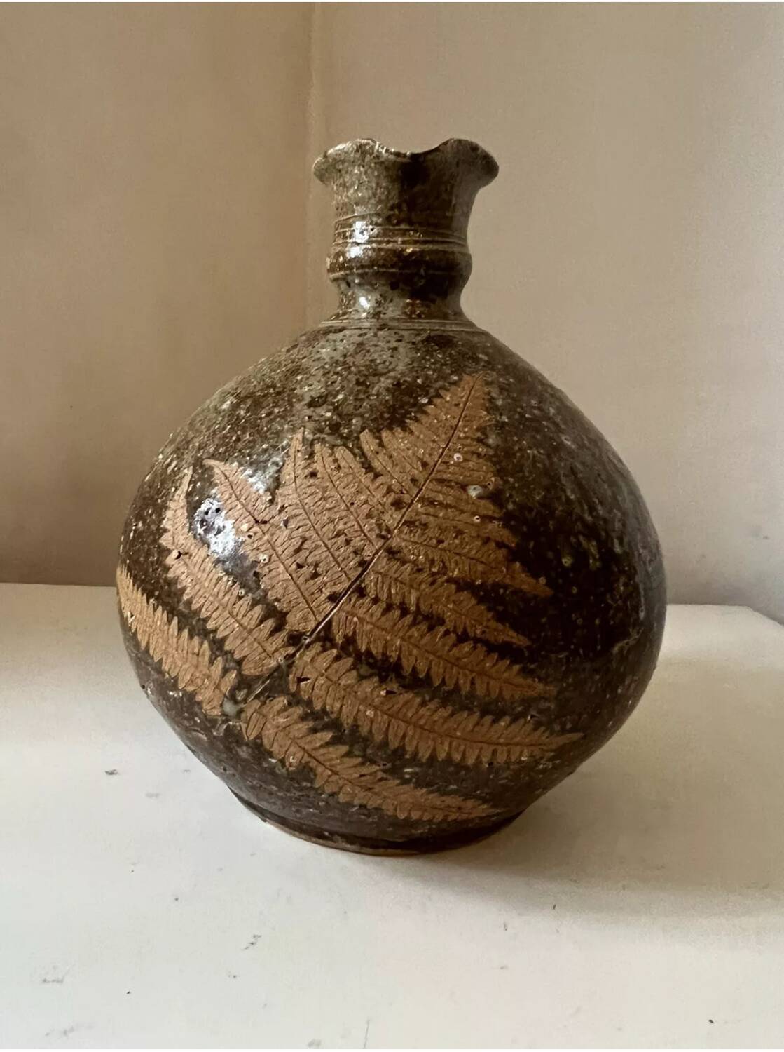 Vintage stoneware pitcher/jug by Alain Blanchard, decorated with leaves and ferns