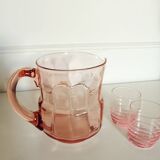 Pitcher and 2 glasses in pink glass