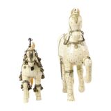 Pair of Decorative Wooden Horses Covered with Bone Mosaic Silver Plated