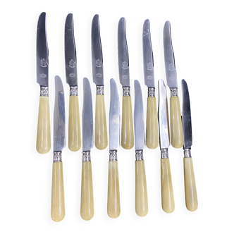 Set of 12 dessert knives with stainless steel blade and silver ferrule Régence