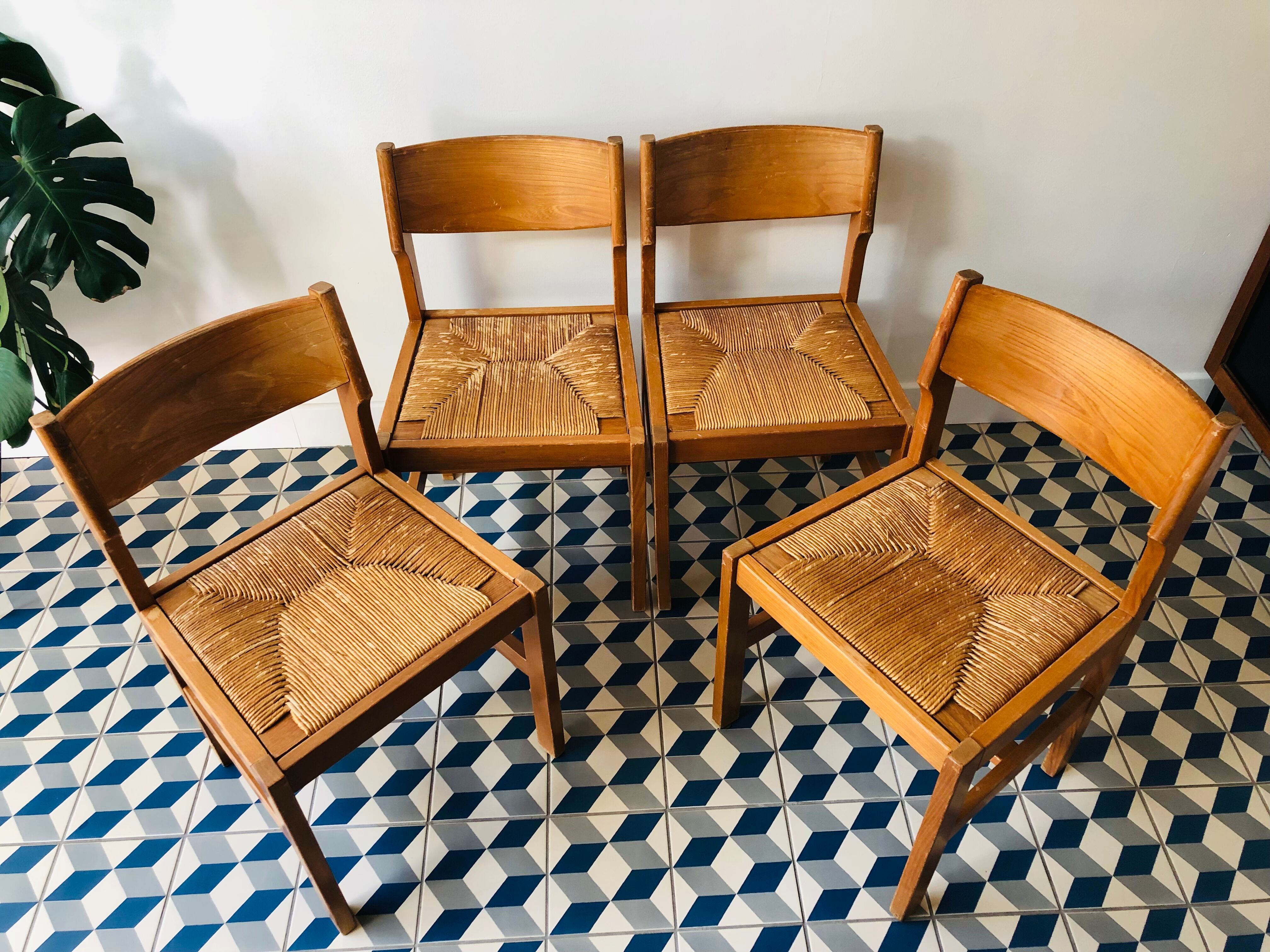 4 vintage pine chairs sitting straw