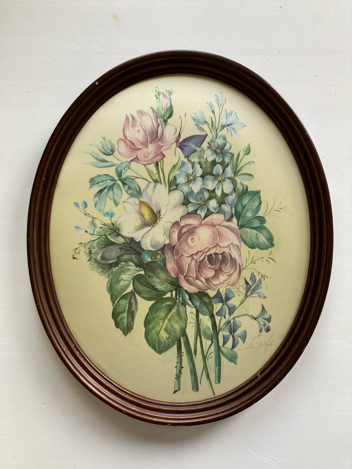 Peinture sur soie bouquet de fleurs dans cadre ovale