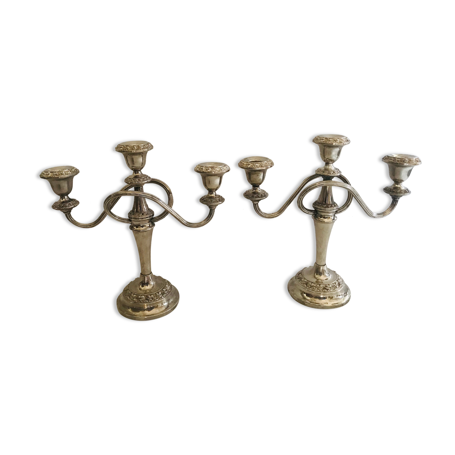 Pair of silver metal chandeliers