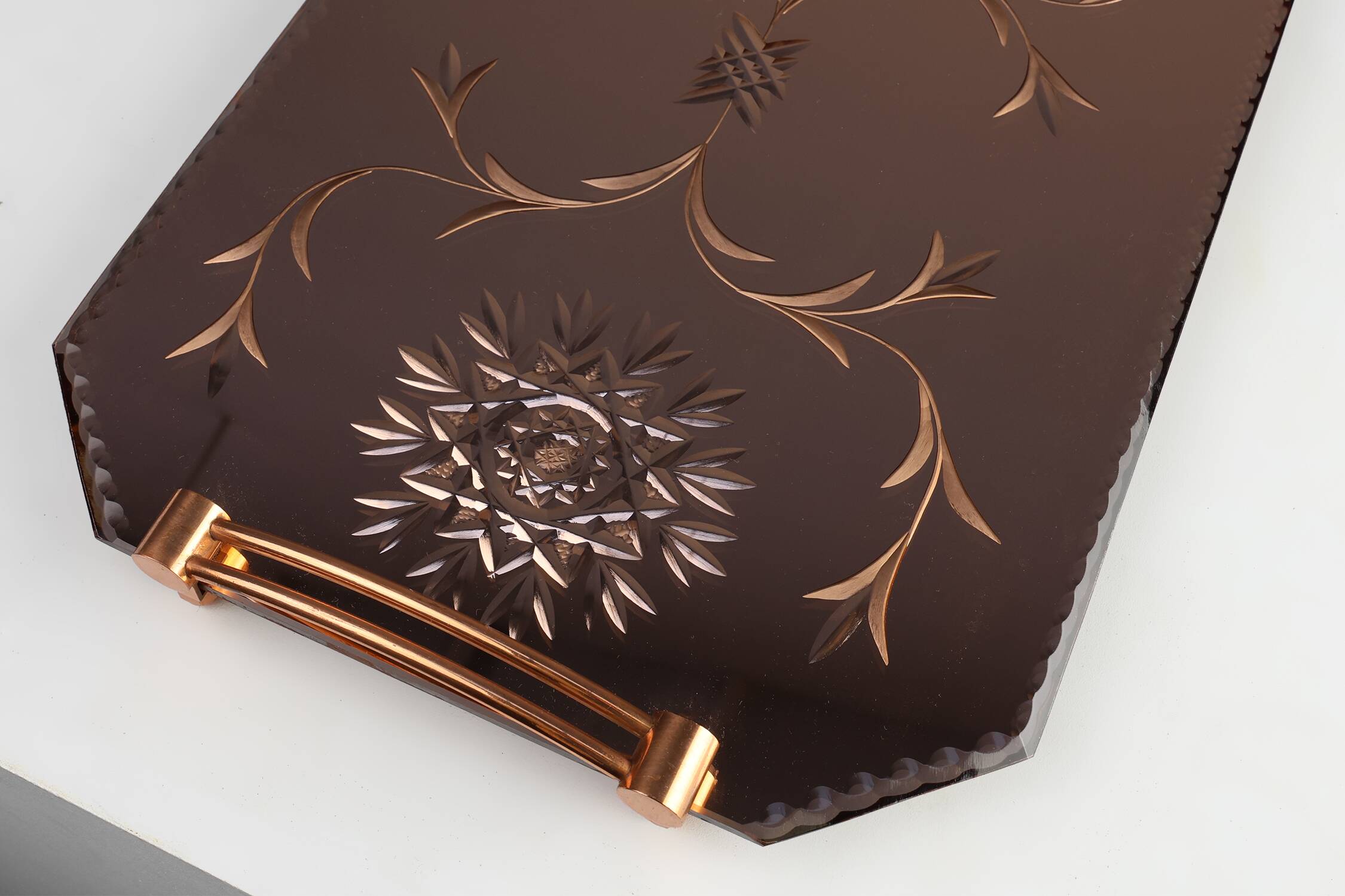 Art Deco Mirrored Glass and Copper Tray, Belgium ca. 1920