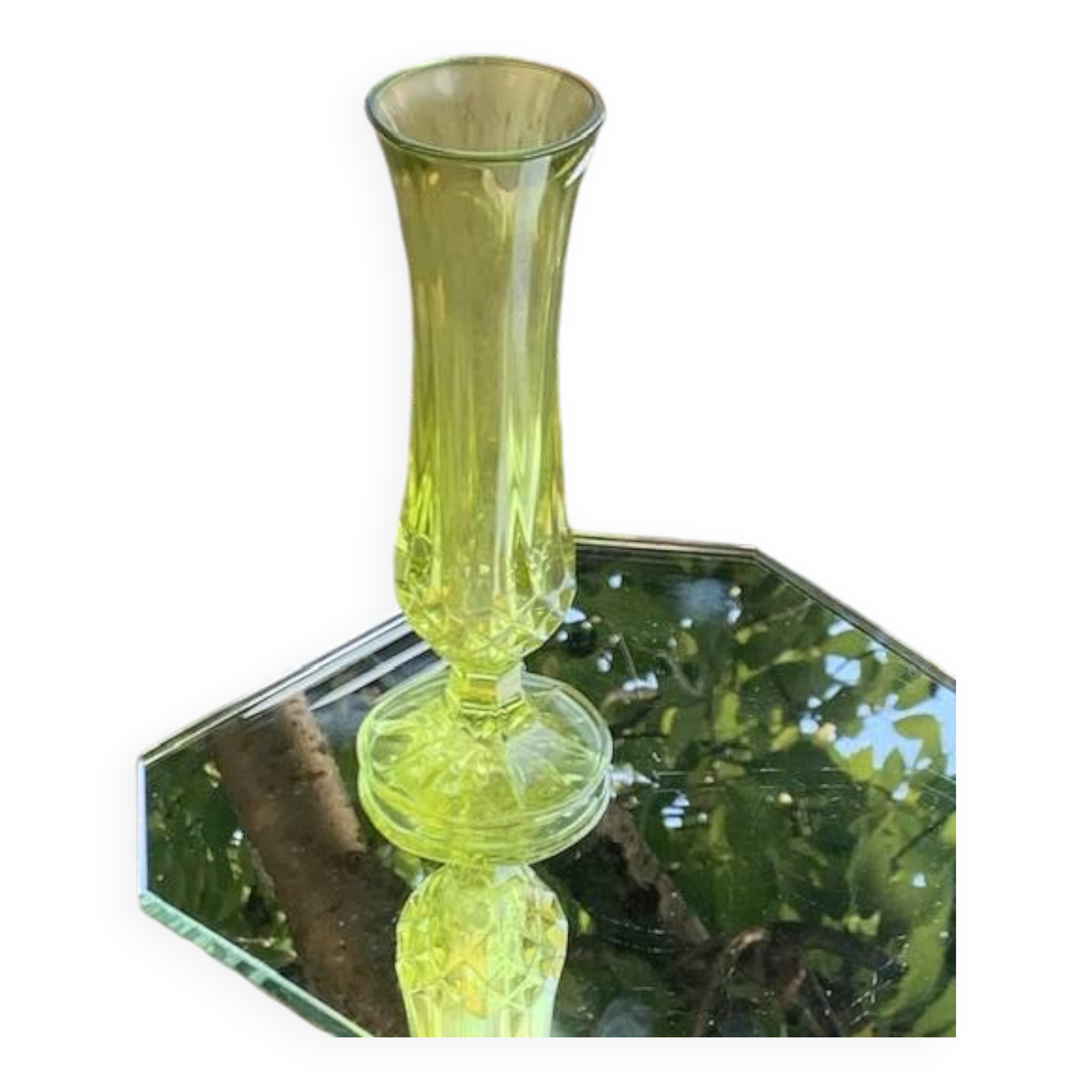 Anise green glass soliflore vase, diamond base pattern, vintage and designer