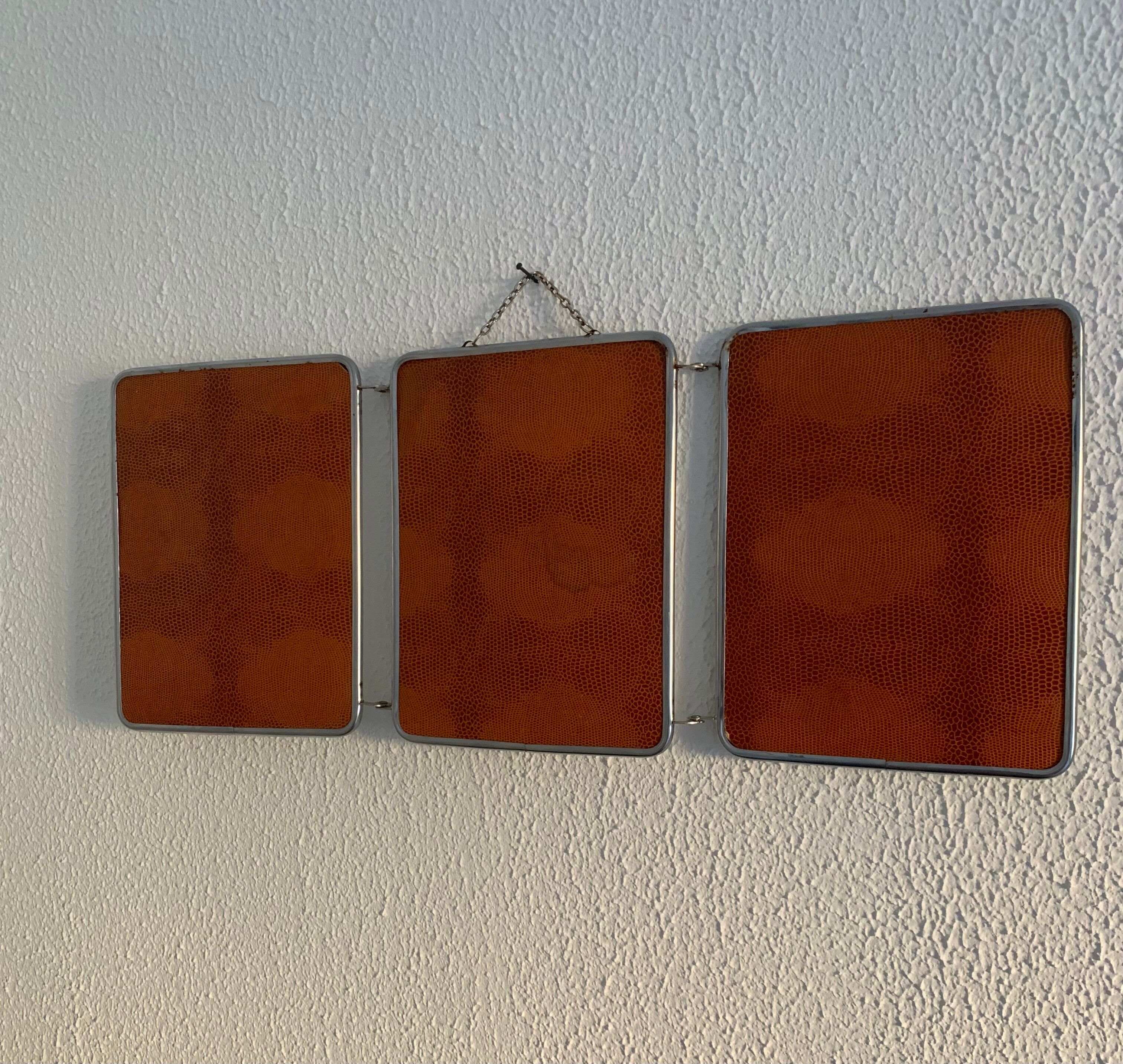 Mirror triptych barber orange rust vintage 1960 - 24 x 59 cm