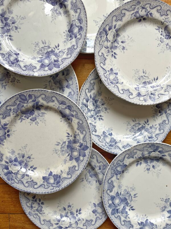 8 assiettes plates en terre de fer Bouquets, Creil et Montereau fin 19eme