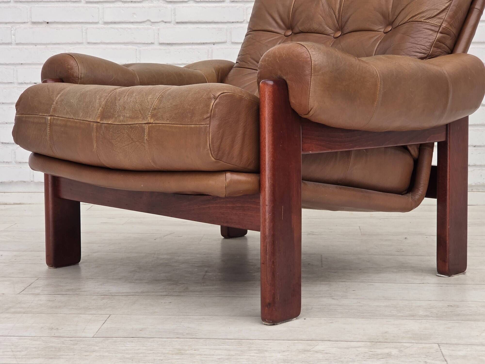 1970s, Swedish design, armchair with footstool, furniture leather.