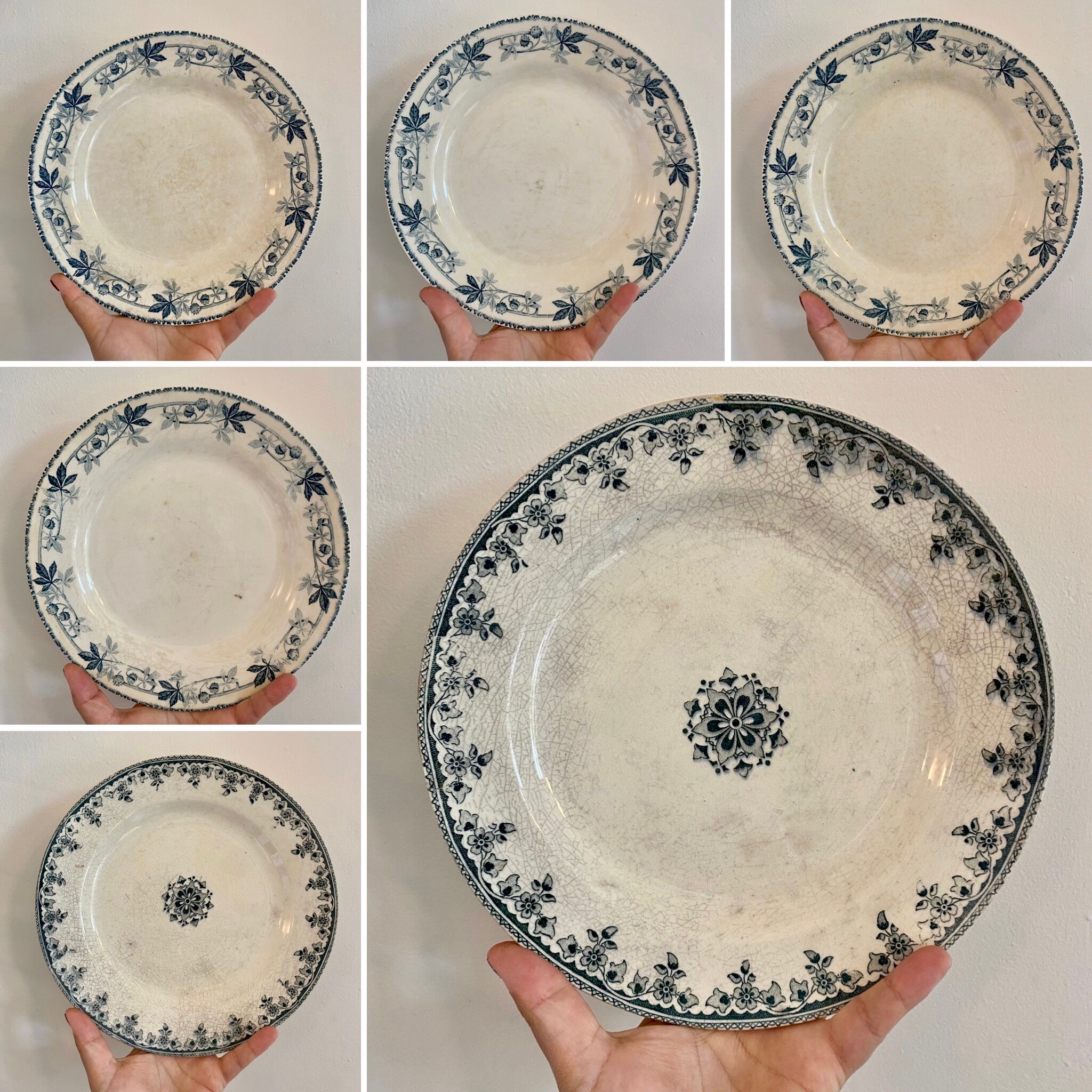 Set of 6 mismatched old iron earth flat plates
