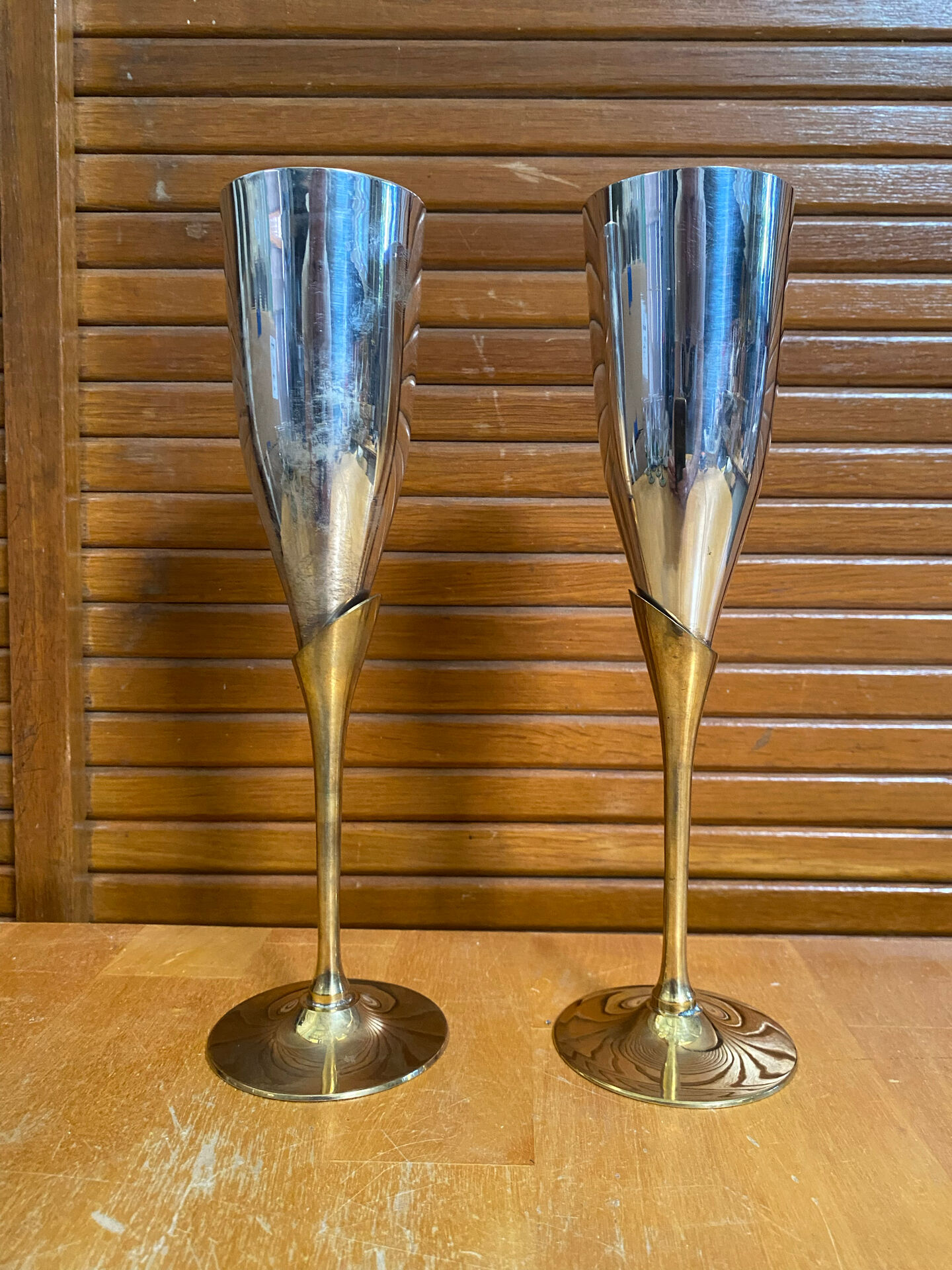 Paire Flûte Champagne Métal Chromé + Doré Vintage #E368
