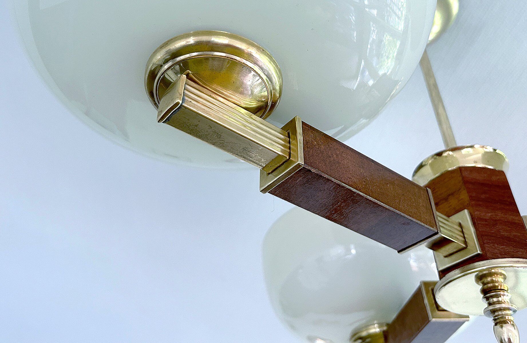 Large Art Deco pendant light in wood and glass, 1930s