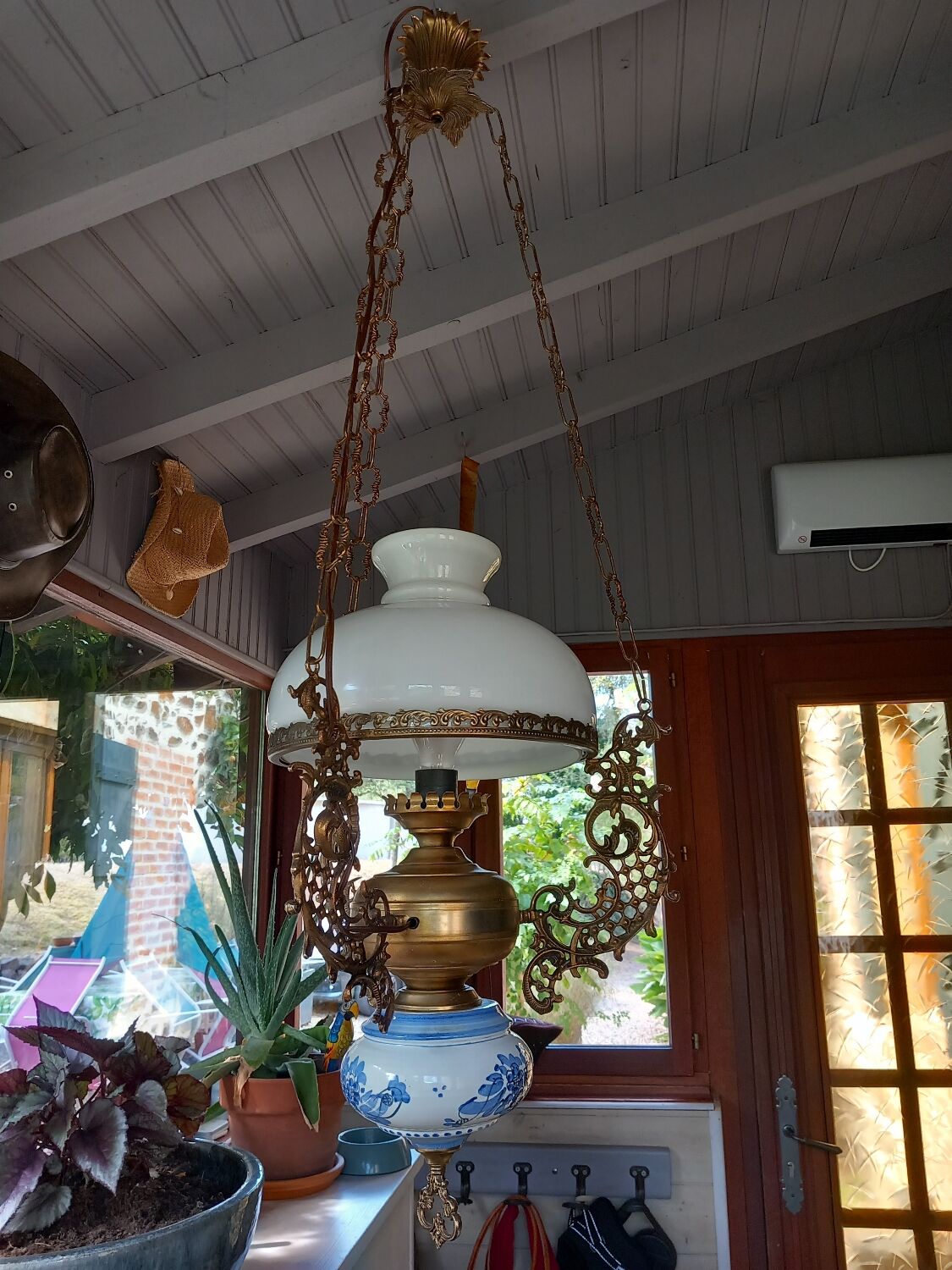 Old white opaline chandelier, brass and earthenware
