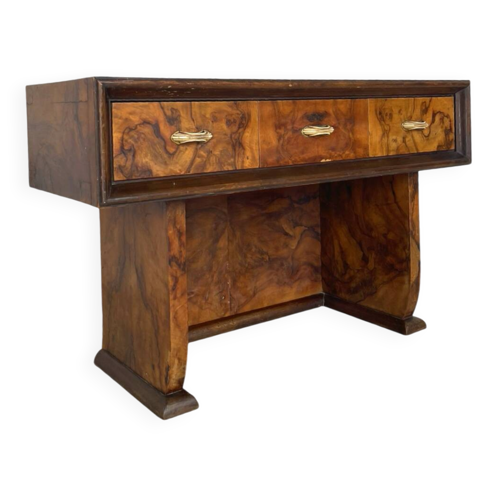 Italian burl walnut art deco console table, 1930s.