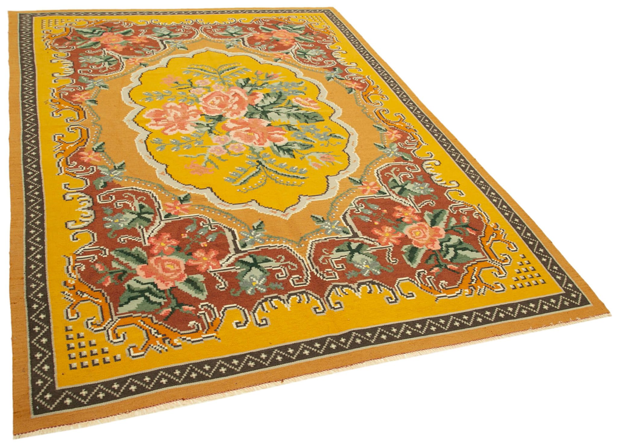 Handmade vintage moldov yellow kilim 197 cm x 291 cm - 23440