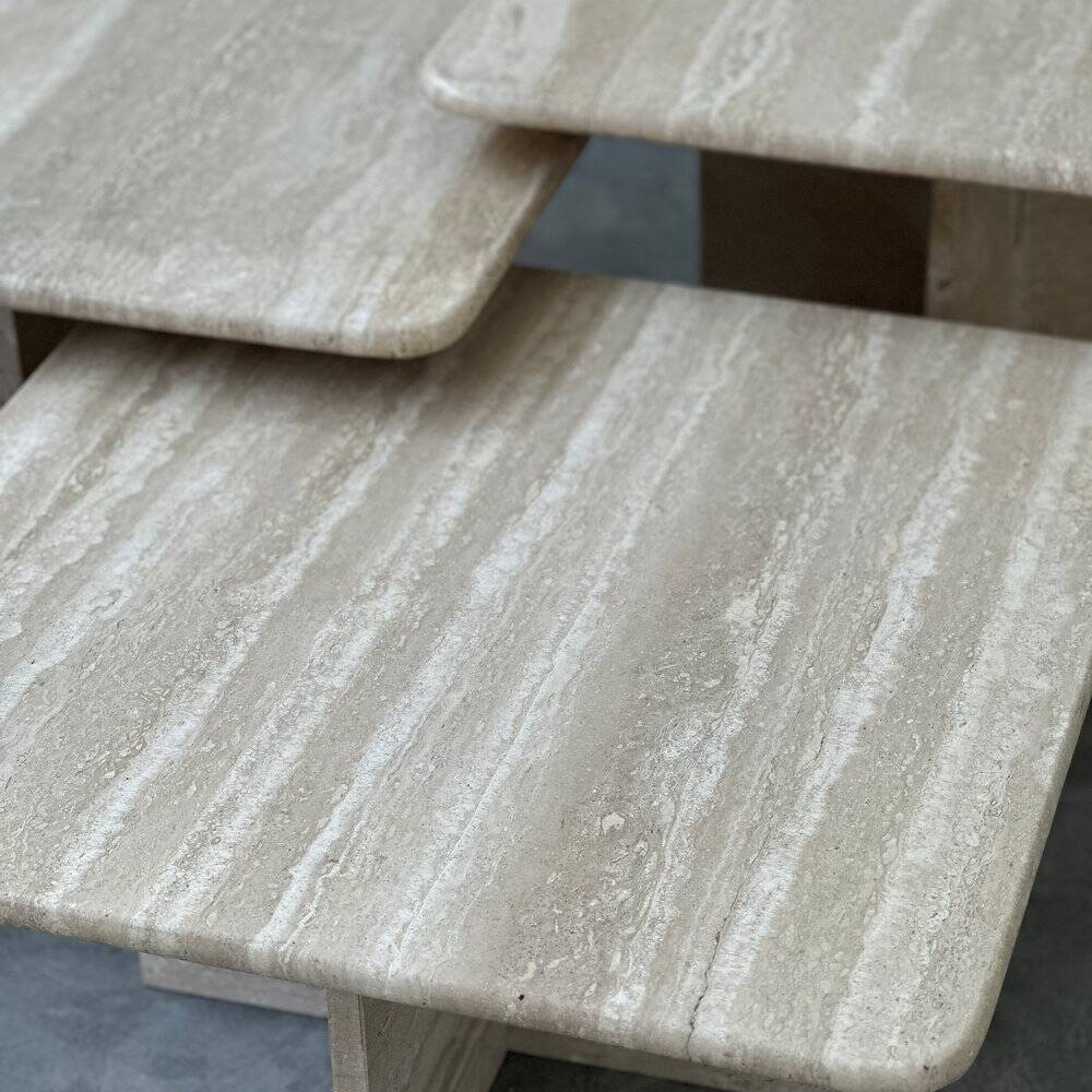 Set of three Italian travertine nesting / side tables, 1970s–1980s