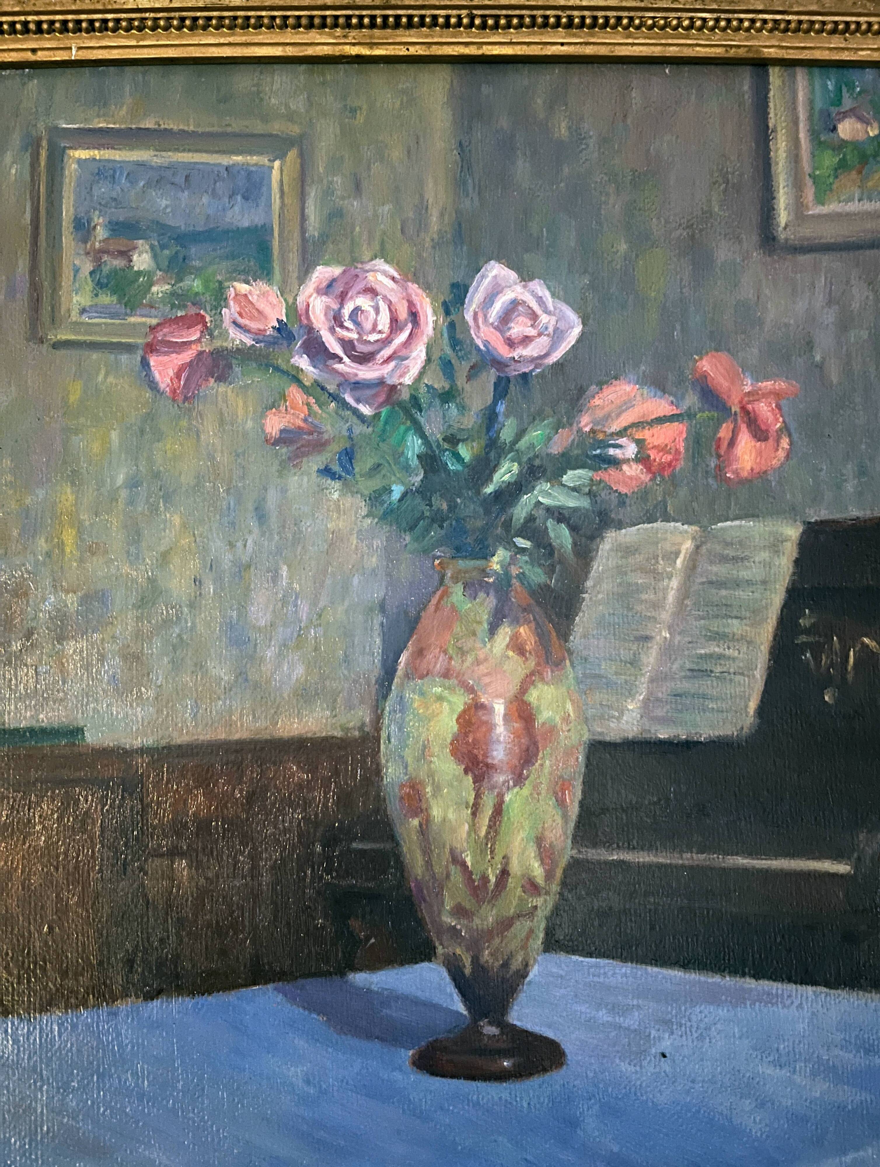 HSP Composition Interior painting with roses, glass paste vase and piano