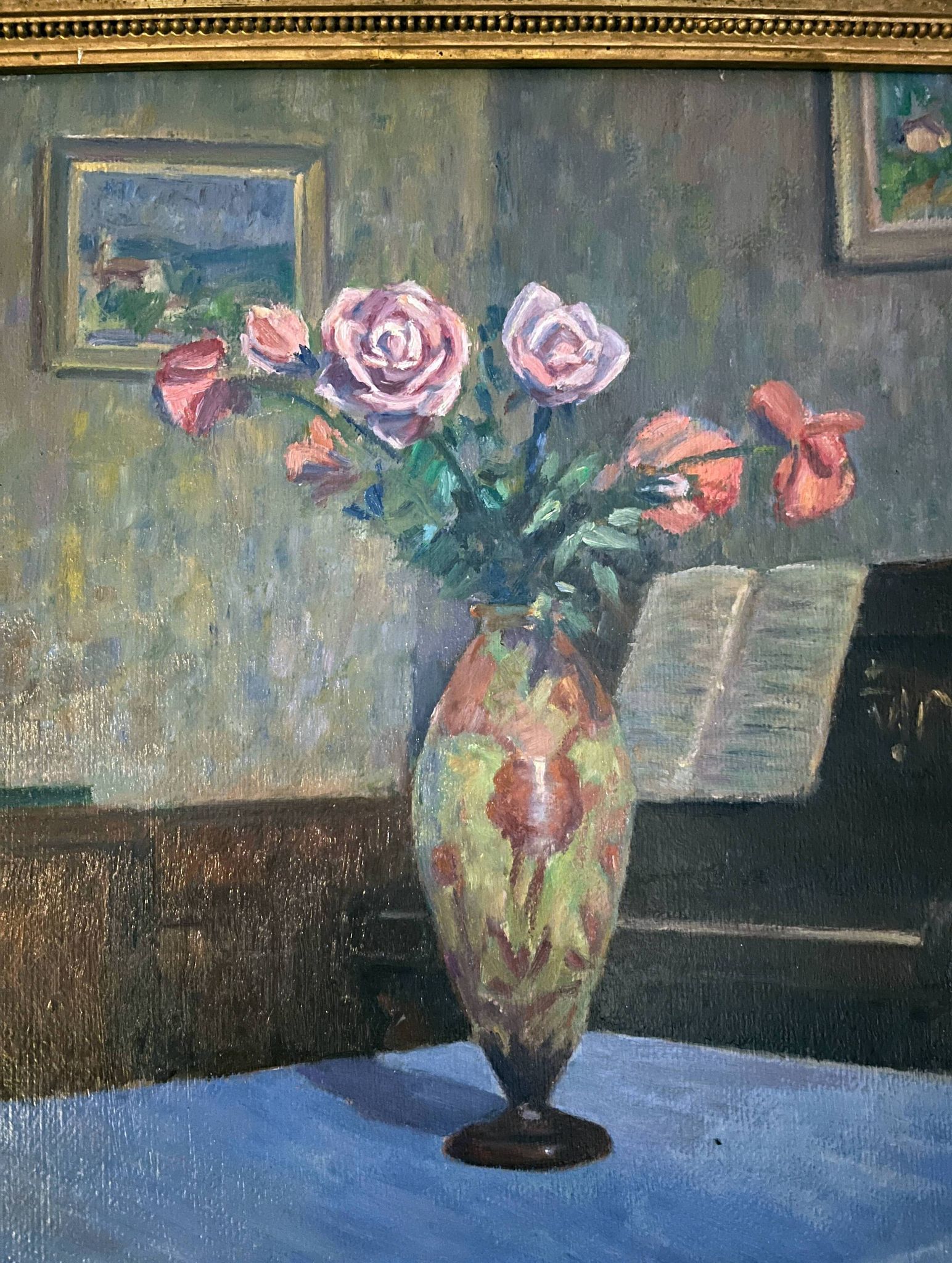 HSP Composition Interior painting with roses, glass paste vase and piano