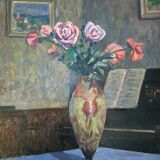 Tableau HSP Composition Intérieur aux roses, vase pâte de verre et piano
