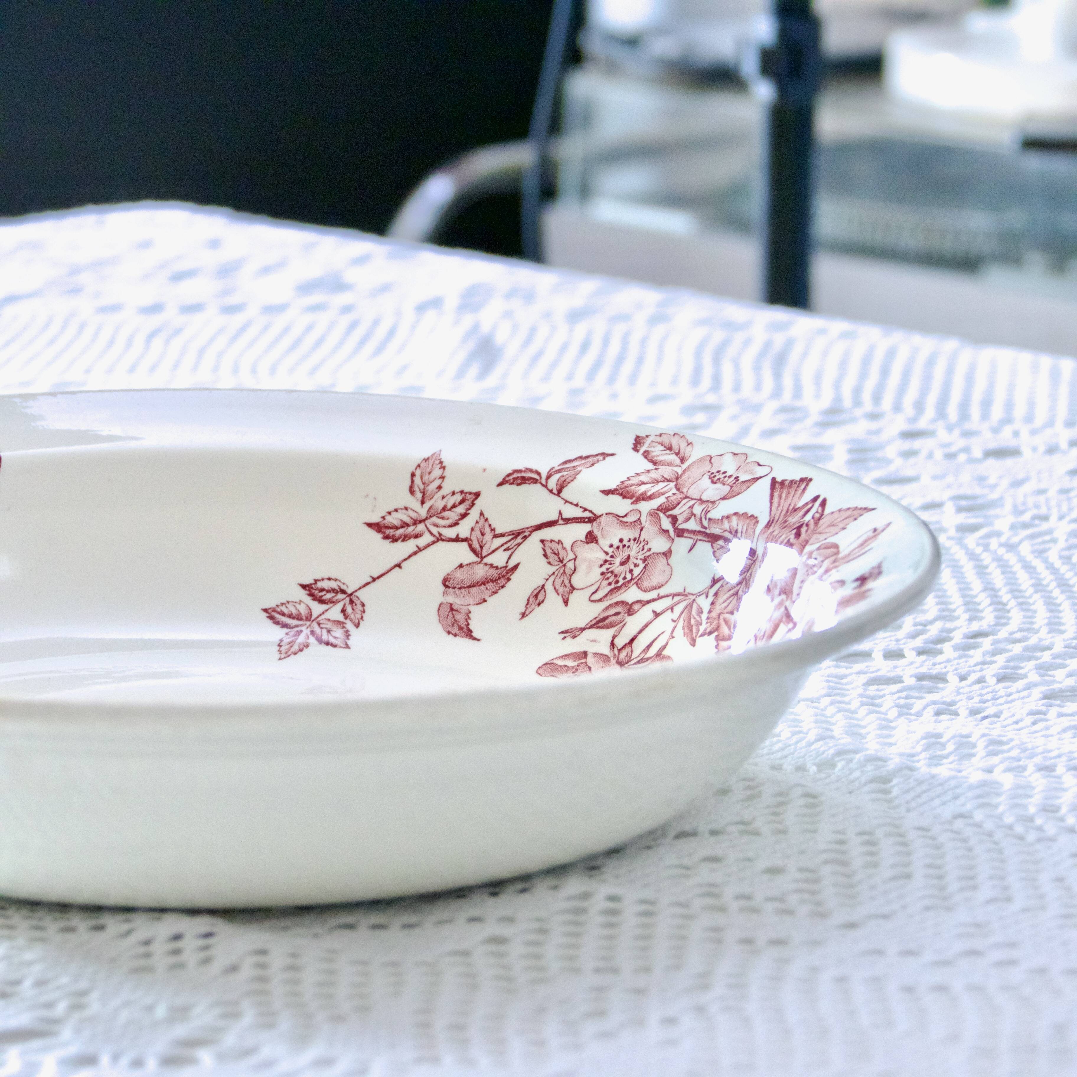 Large 19th century pink ironstone salad bowl with birds, dragonfly and butterflies, Badonviller