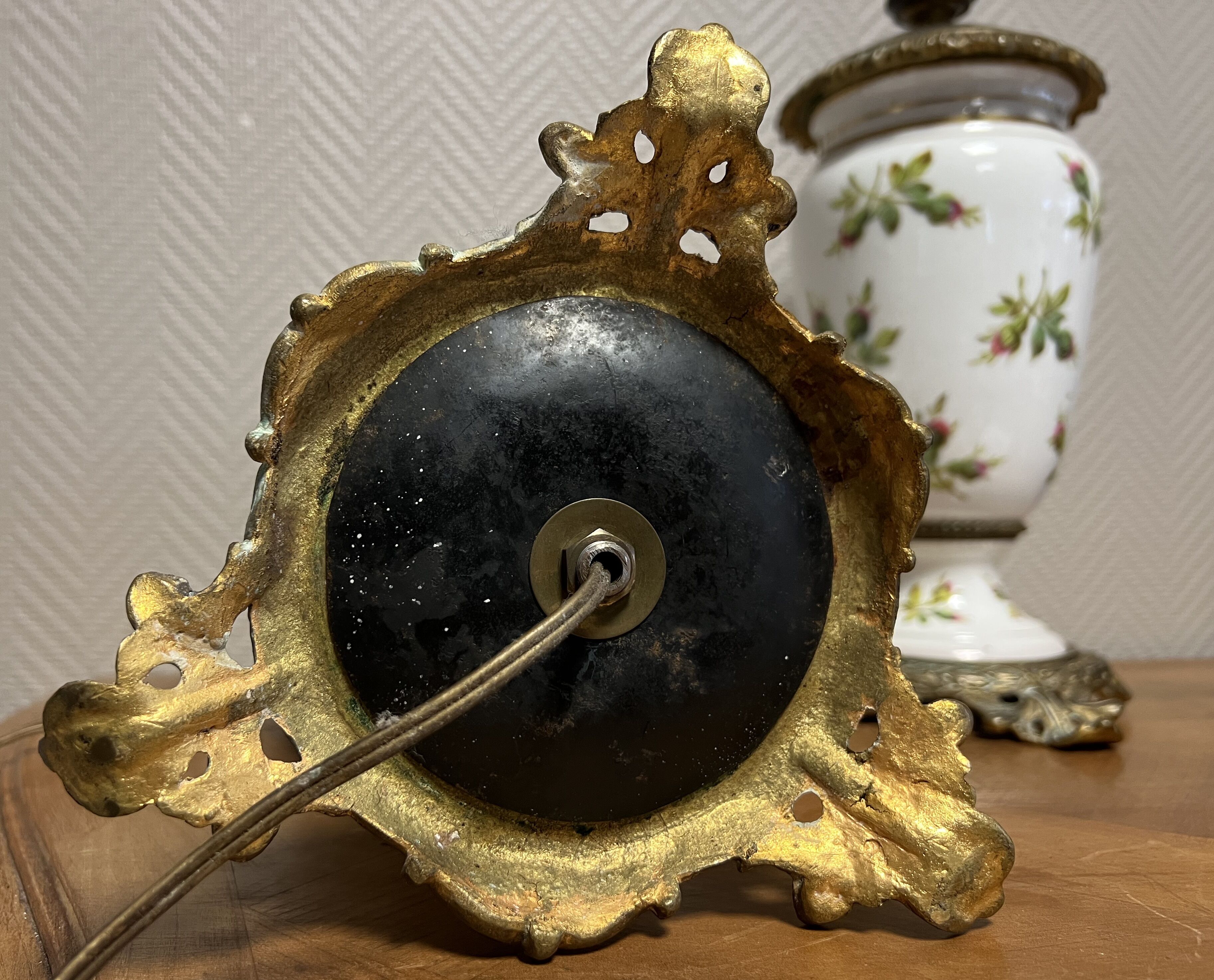 Old pair of porcelain oil lamps decorated circa 1900
