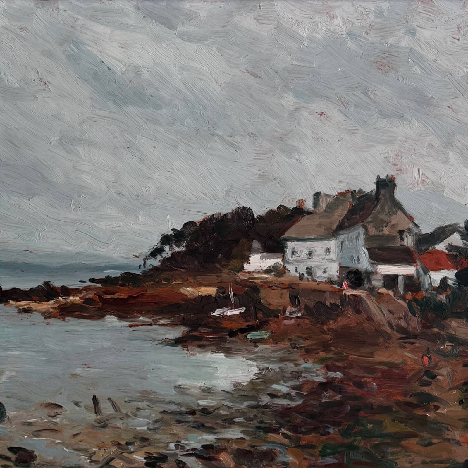 Oil on panel depicting a seaside in Brittany 20th century by Misdz